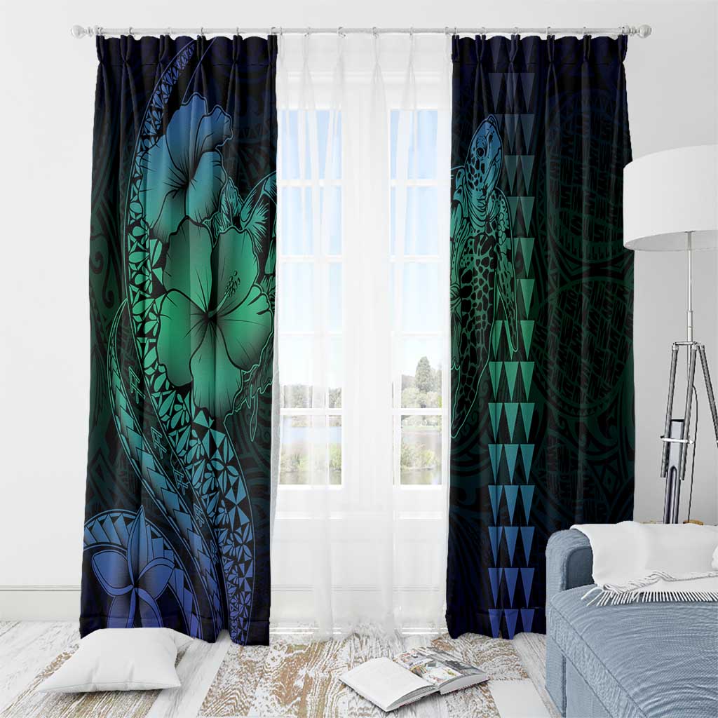 Hawaiian Sea Turtle Window Curtain Blue Hibiscus Flowers and Kakau Pattern