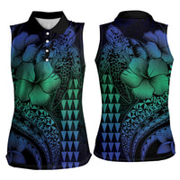 Hawaiian Sea Turtle Women Sleeveless Polo Shirt Blue Hibiscus Flowers and Kakau Pattern