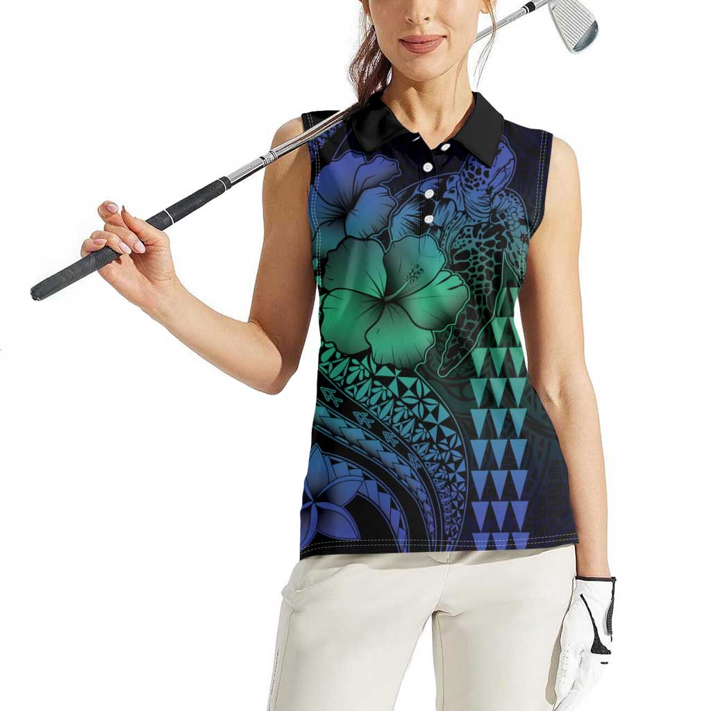 Hawaiian Sea Turtle Women Sleeveless Polo Shirt Blue Hibiscus Flowers and Kakau Pattern