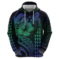 Hawaiian Sea Turtle Zip Hoodie Blue Hibiscus Flowers and Kakau Pattern