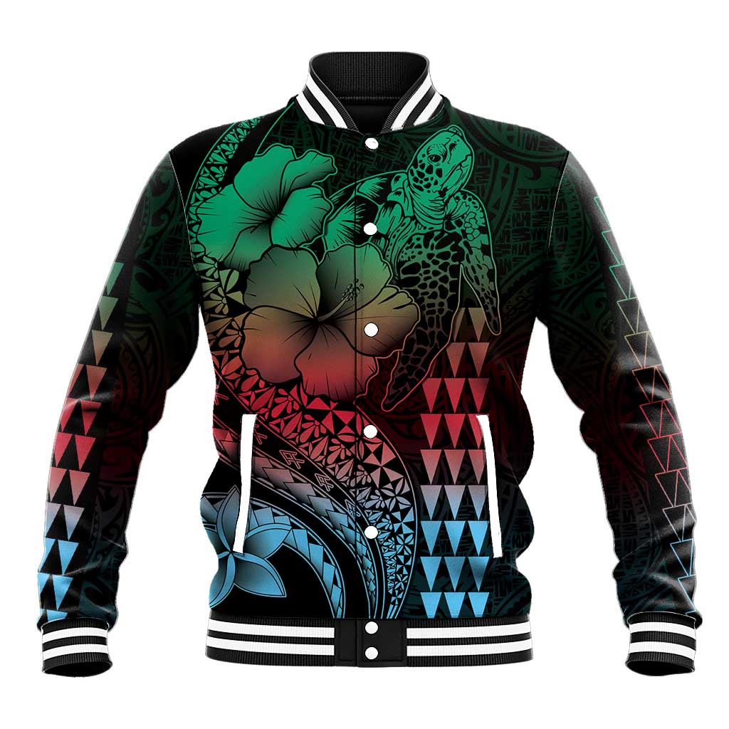Hawaiian Sea Turtle Baseball Jacket Green Hibiscus Flowers and Kakau Pattern