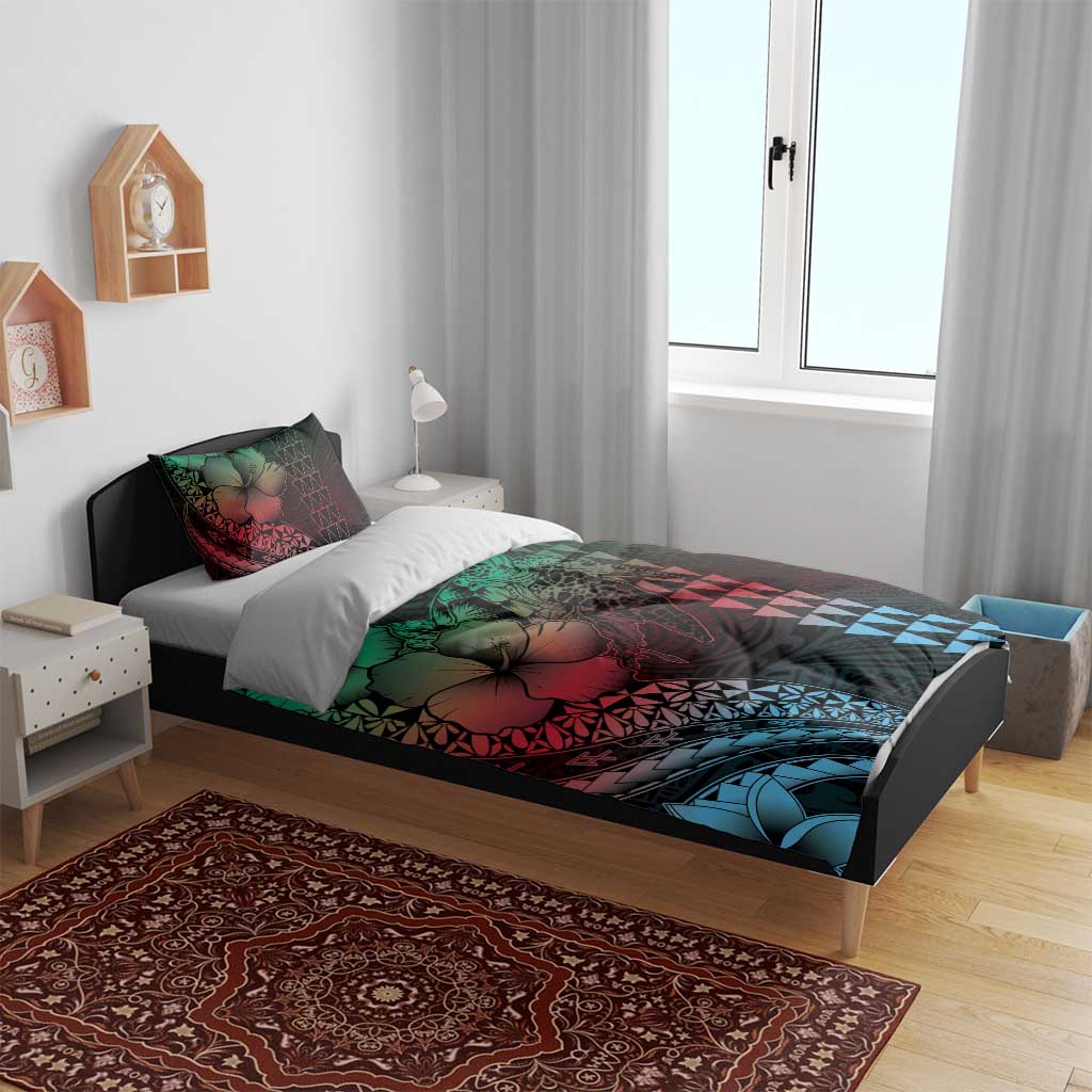 Hawaiian Sea Turtle Bedding Set Green Hibiscus Flowers and Kakau Pattern