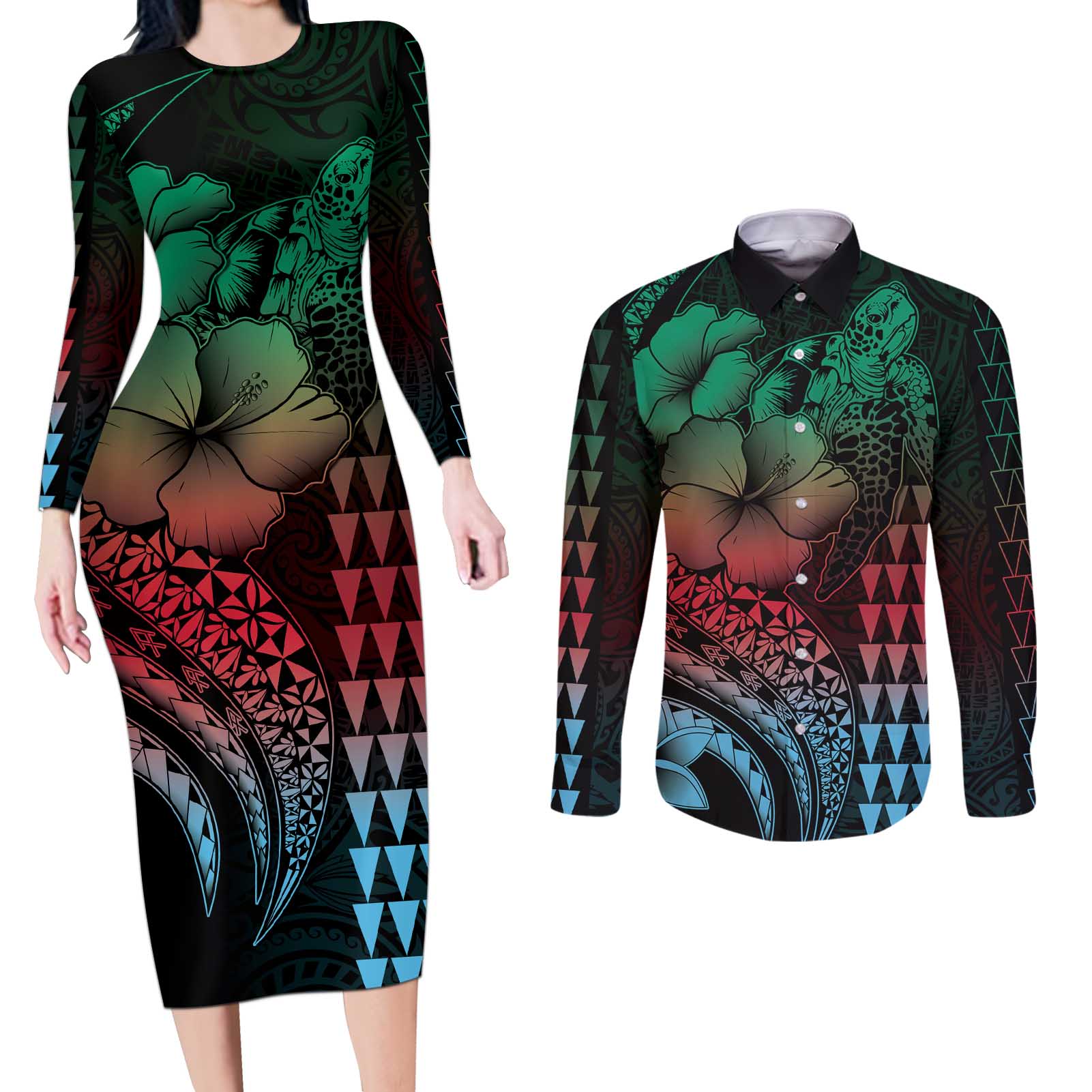 Hawaiian Sea Turtle Couples Matching Long Sleeve Bodycon Dress and Long Sleeve Button Shirt Green Hibiscus Flowers and Kakau Pattern