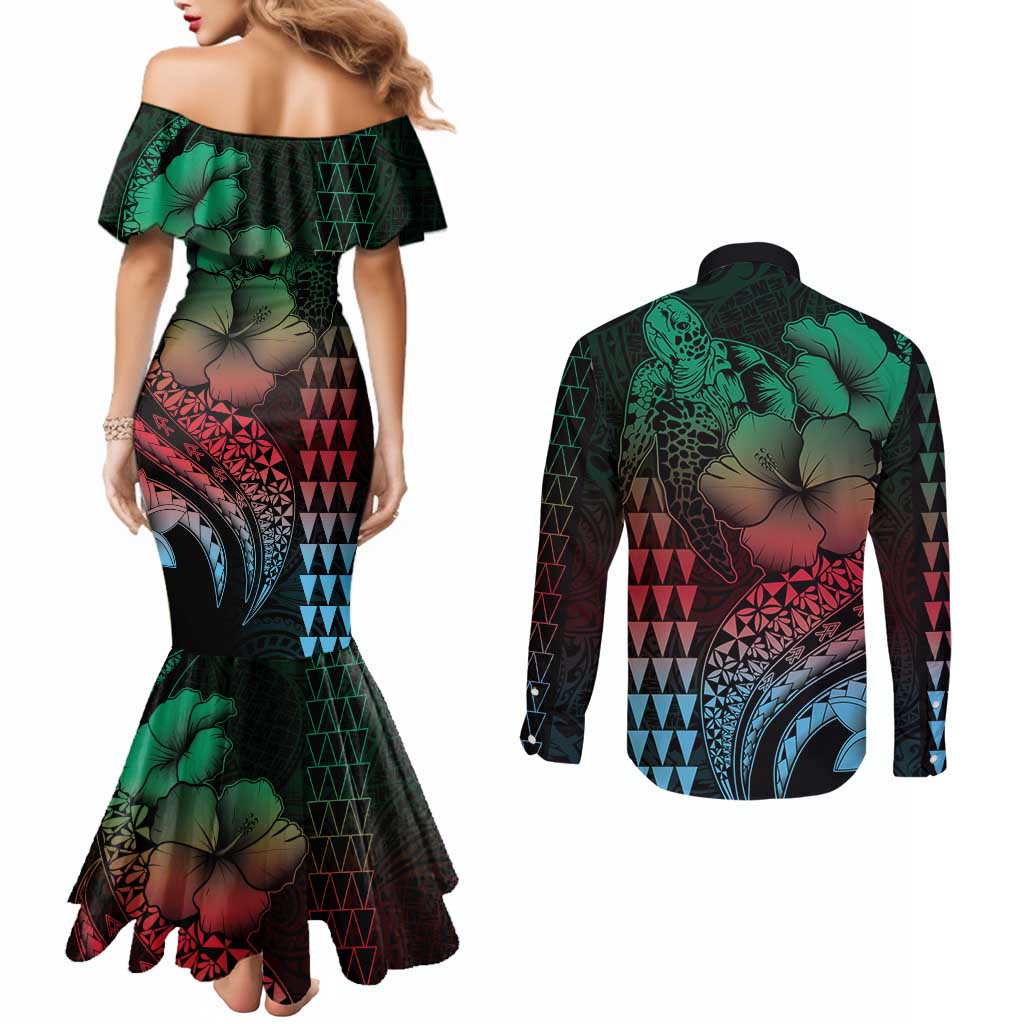Hawaiian Sea Turtle Couples Matching Mermaid Dress and Long Sleeve Button Shirt Green Hibiscus Flowers and Kakau Pattern