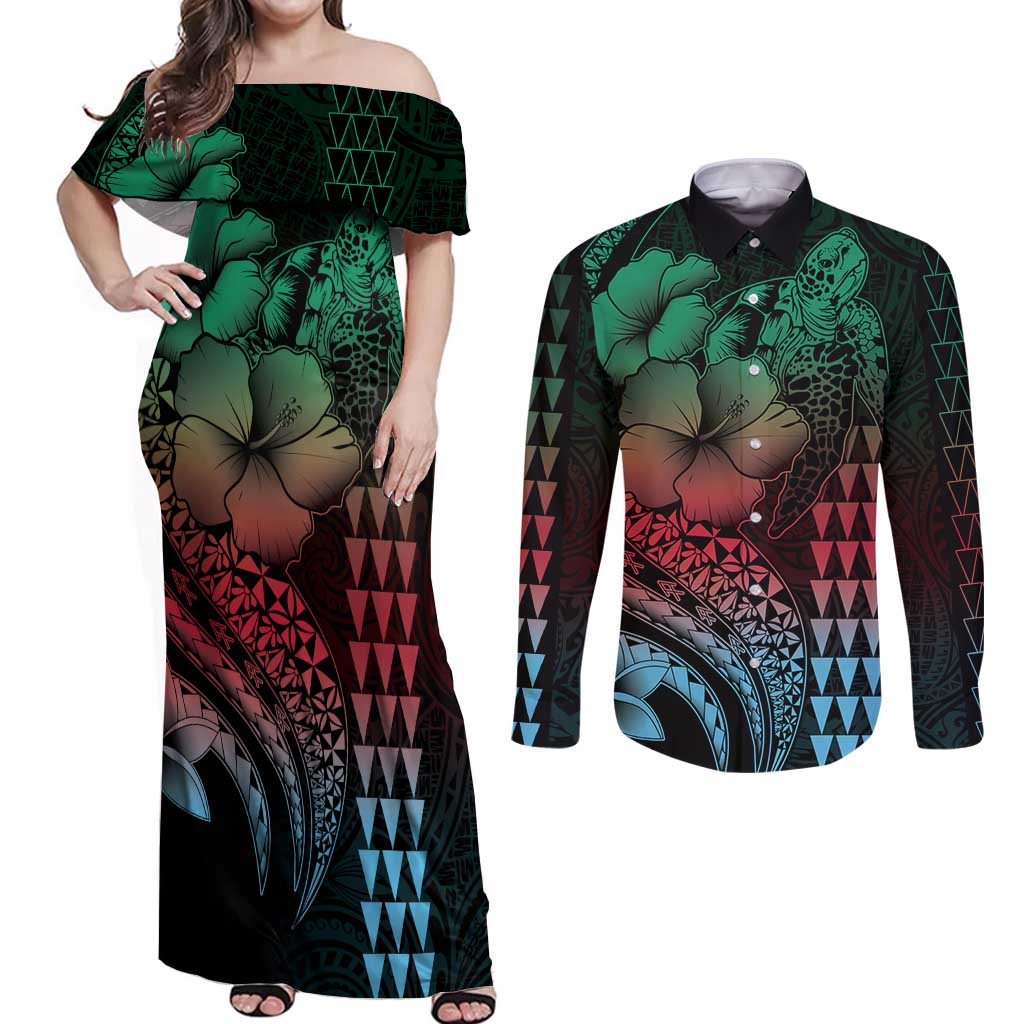 Hawaiian Sea Turtle Couples Matching Off Shoulder Maxi Dress and Long Sleeve Button Shirt Green Hibiscus Flowers and Kakau Pattern