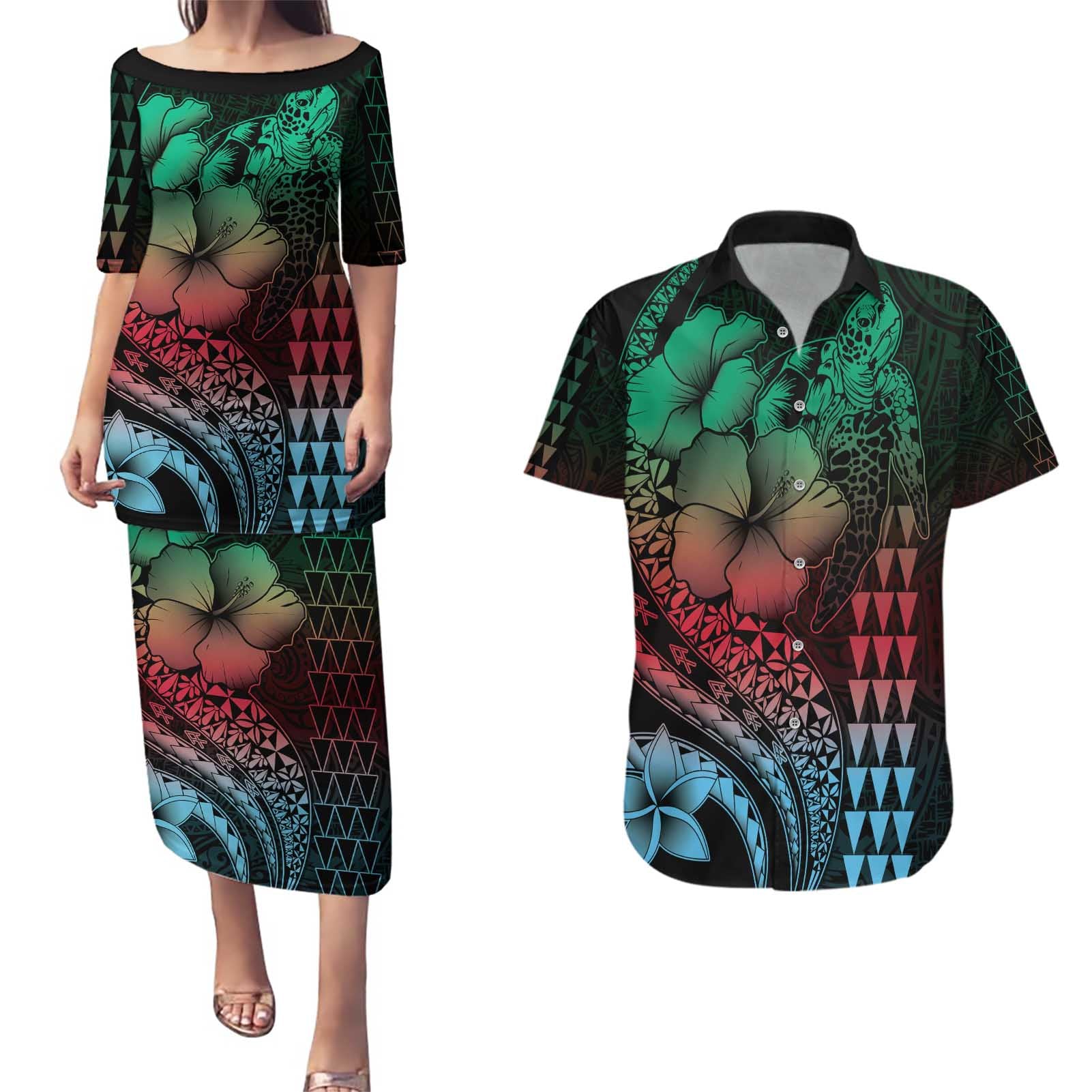 Hawaiian Sea Turtle Couples Matching Puletasi and Hawaiian Shirt Green Hibiscus Flowers and Kakau Pattern
