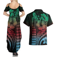 Hawaiian Sea Turtle Couples Matching Summer Maxi Dress and Hawaiian Shirt Green Hibiscus Flowers and Kakau Pattern