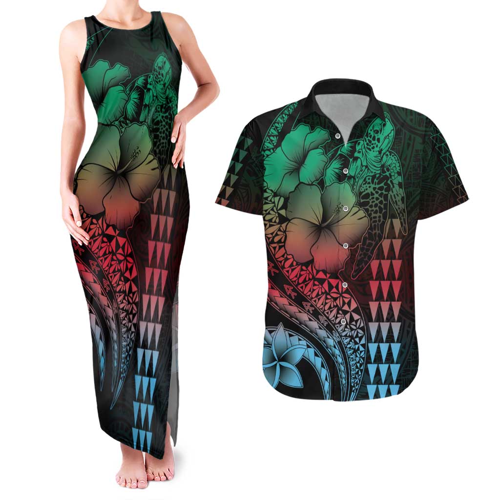 Hawaiian Sea Turtle Couples Matching Tank Maxi Dress and Hawaiian Shirt Green Hibiscus Flowers and Kakau Pattern