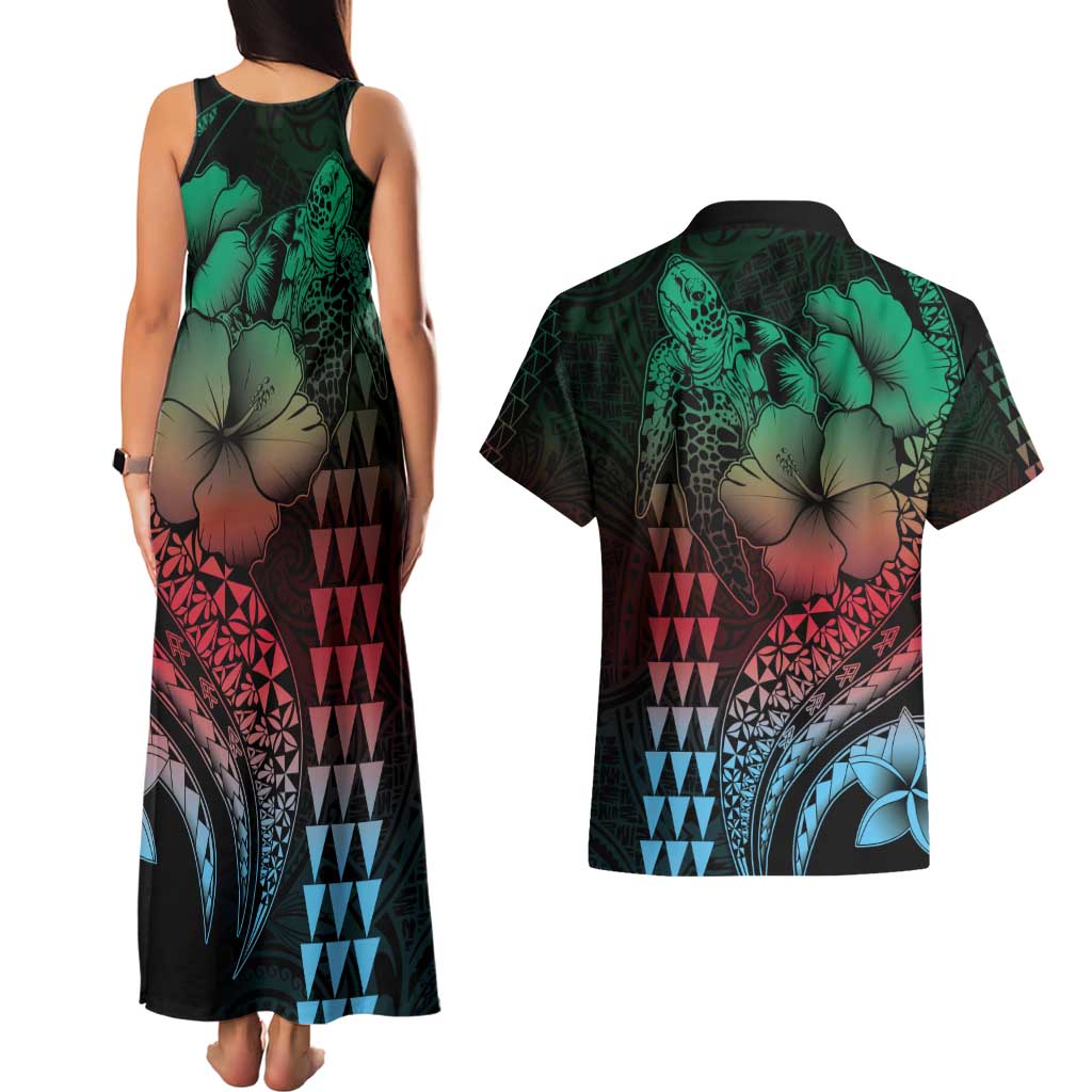 Hawaiian Sea Turtle Couples Matching Tank Maxi Dress and Hawaiian Shirt Green Hibiscus Flowers and Kakau Pattern