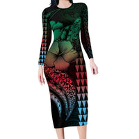 Hawaiian Sea Turtle Family Matching Long Sleeve Bodycon Dress and Hawaiian Shirt Green Hibiscus Flowers and Kakau Pattern
