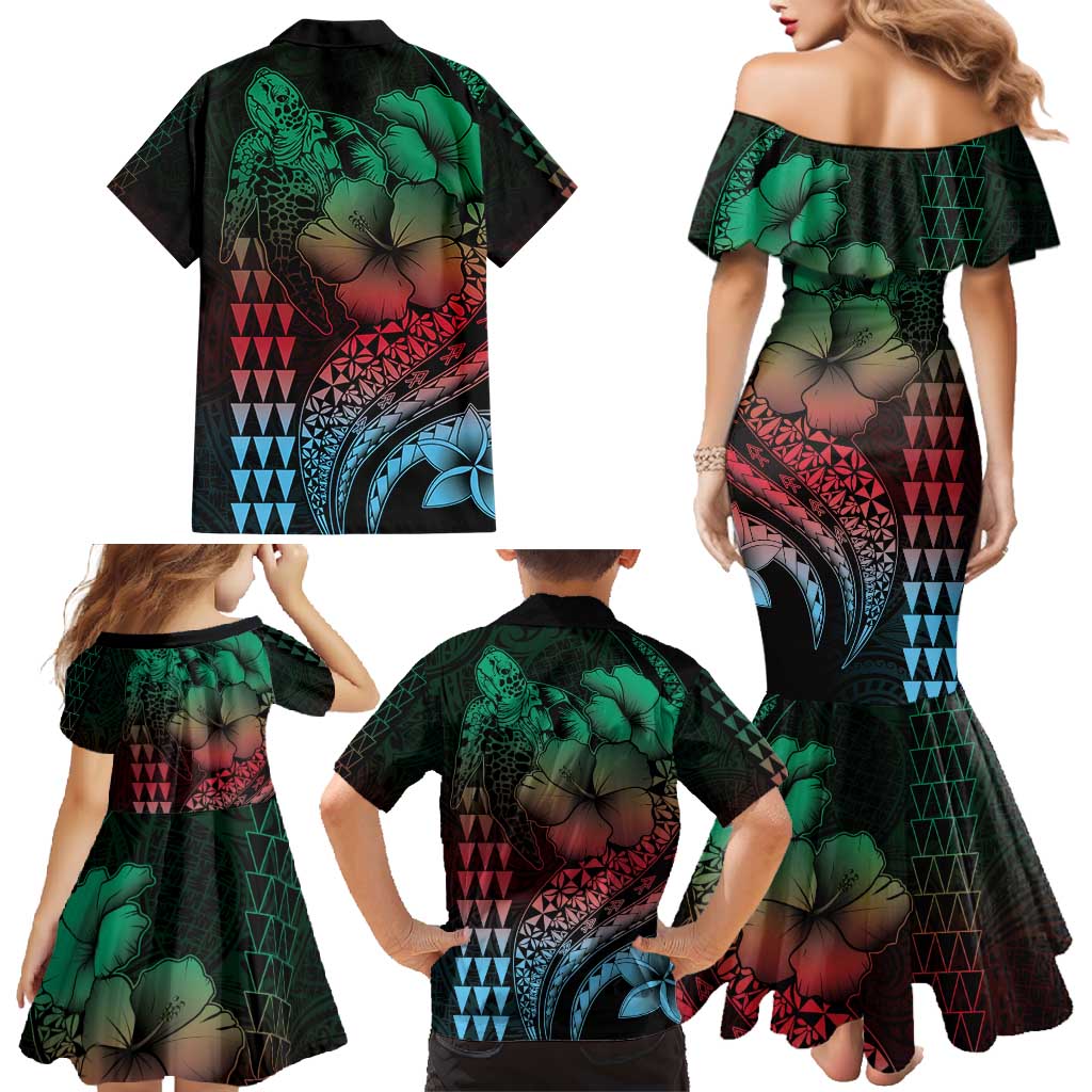 Hawaiian Sea Turtle Family Matching Mermaid Dress and Hawaiian Shirt Green Hibiscus Flowers and Kakau Pattern