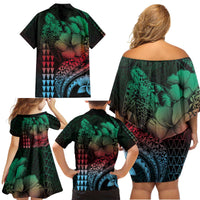 Hawaiian Sea Turtle Family Matching Off Shoulder Short Dress and Hawaiian Shirt Green Hibiscus Flowers and Kakau Pattern