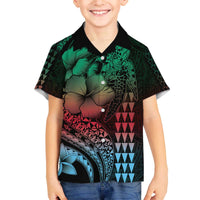 Hawaiian Sea Turtle Family Matching Off Shoulder Short Dress and Hawaiian Shirt Green Hibiscus Flowers and Kakau Pattern