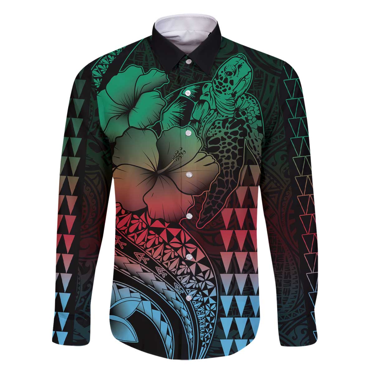 Hawaiian Sea Turtle Family Matching Puletasi and Hawaiian Shirt Green Hibiscus Flowers and Kakau Pattern