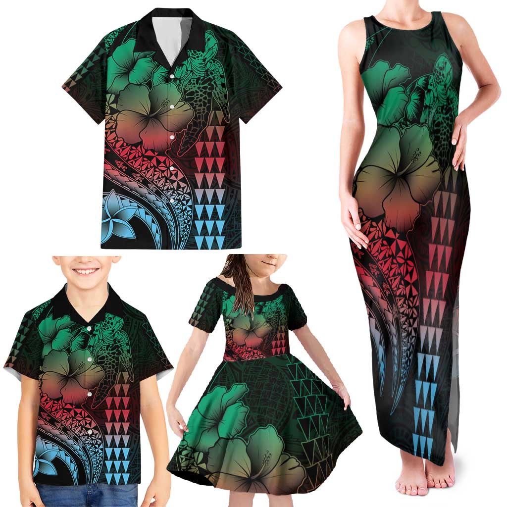 Hawaiian Sea Turtle Family Matching Tank Maxi Dress and Hawaiian Shirt Green Hibiscus Flowers and Kakau Pattern