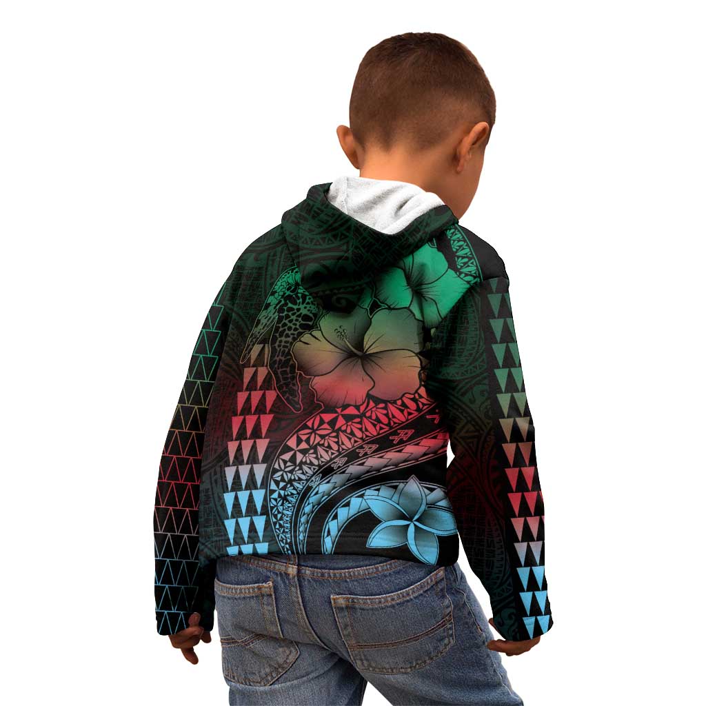 Hawaiian Sea Turtle Kid Hoodie Green Hibiscus Flowers and Kakau Pattern