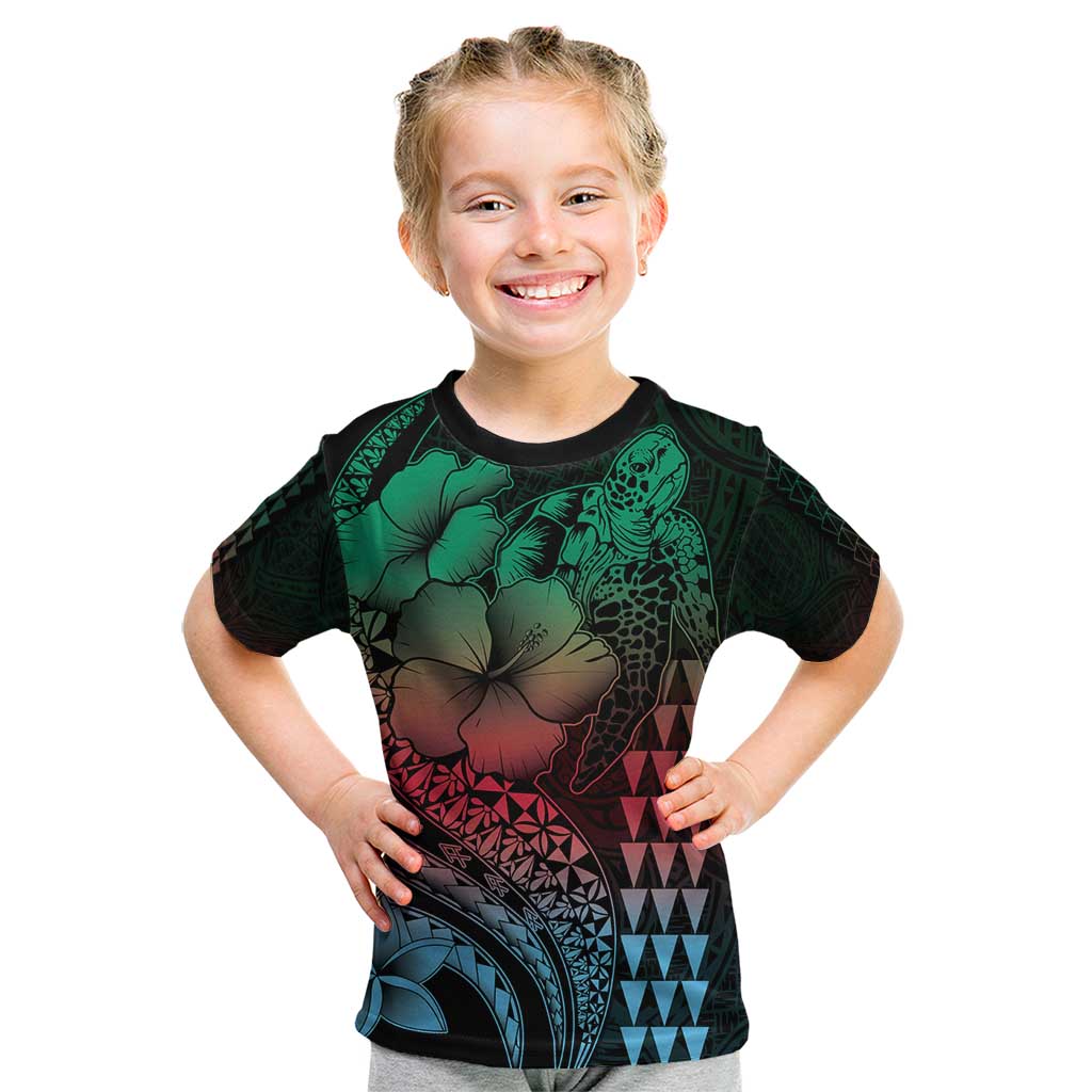 Hawaiian Sea Turtle Kid T Shirt Green Hibiscus Flowers and Kakau Pattern