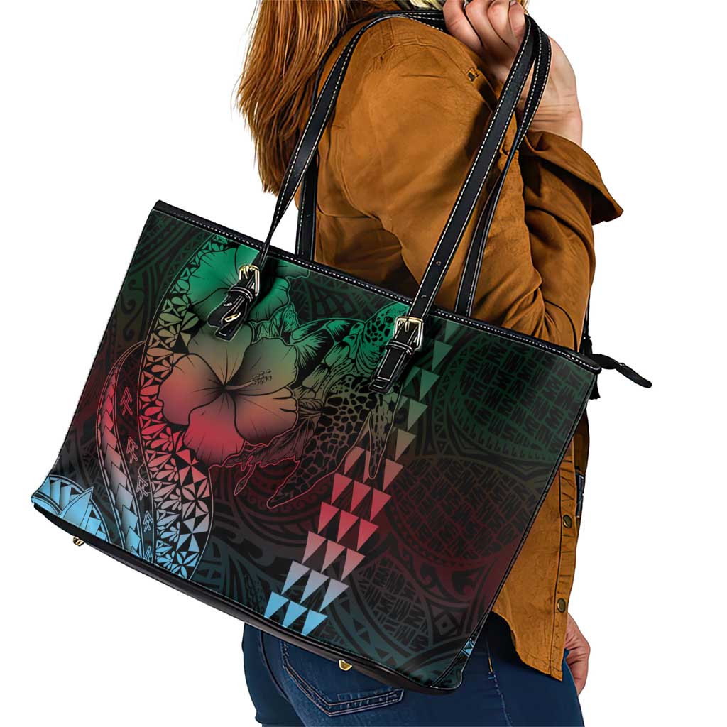 Hawaiian Sea Turtle Leather Tote Bag Green Hibiscus Flowers and Kakau Pattern