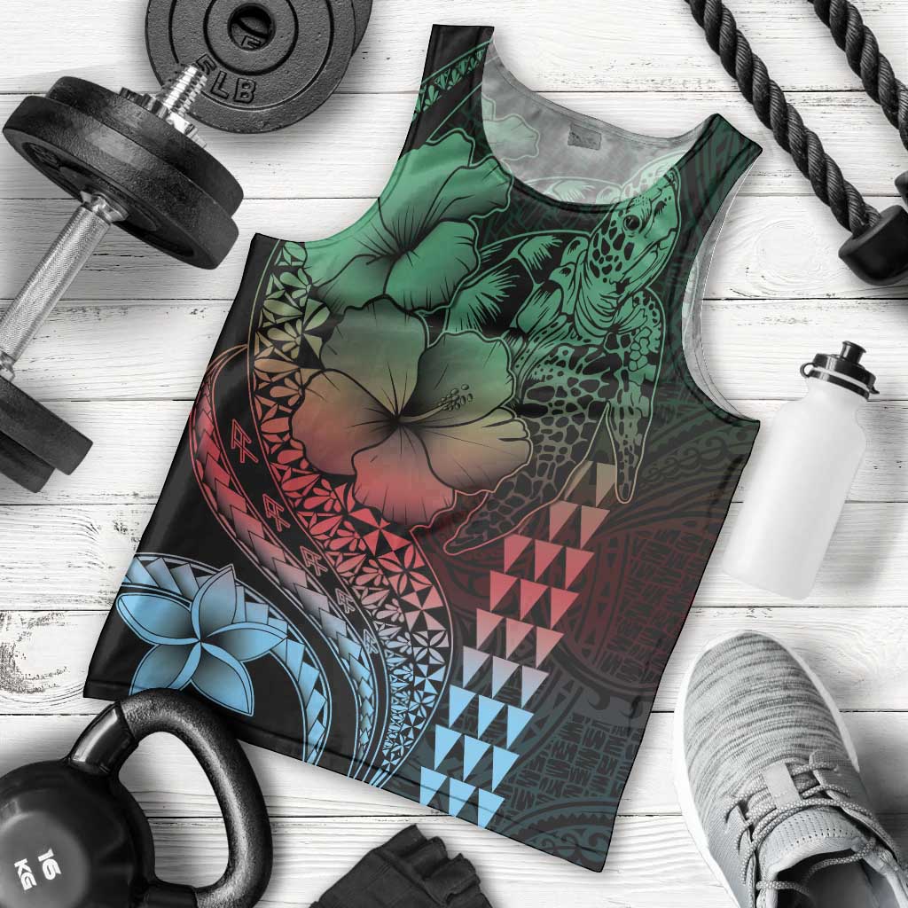 Hawaiian Sea Turtle Men Tank Top Green Hibiscus Flowers and Kakau Pattern