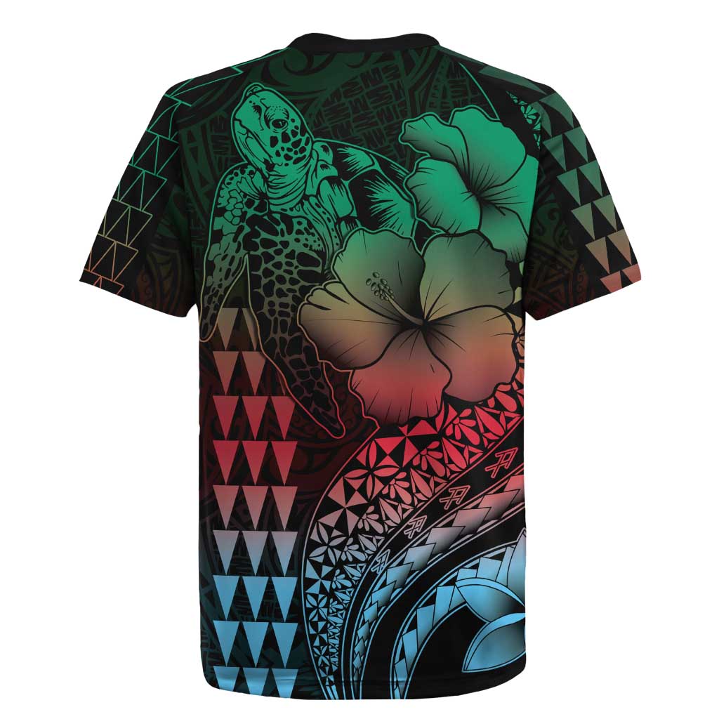 Hawaiian Sea Turtle Rugby Jersey Green Hibiscus Flowers and Kakau Pattern