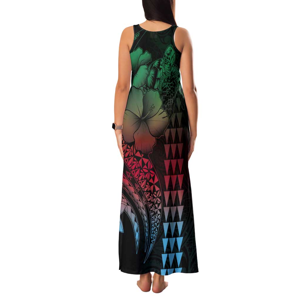 Hawaiian Sea Turtle Tank Maxi Dress Green Hibiscus Flowers and Kakau Pattern