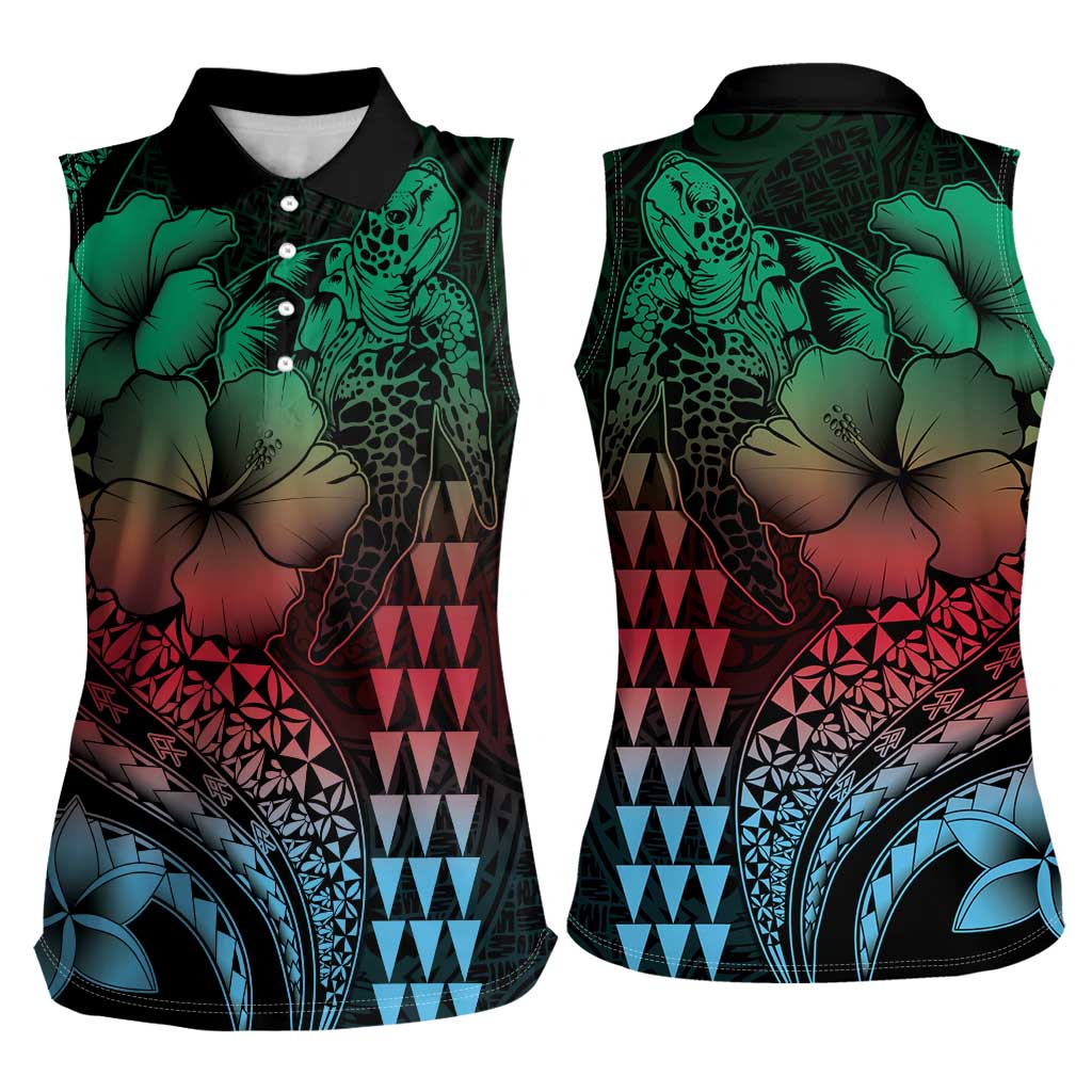 Hawaiian Sea Turtle Women Sleeveless Polo Shirt Green Hibiscus Flowers and Kakau Pattern