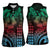 Hawaiian Sea Turtle Women Sleeveless Polo Shirt Green Hibiscus Flowers and Kakau Pattern