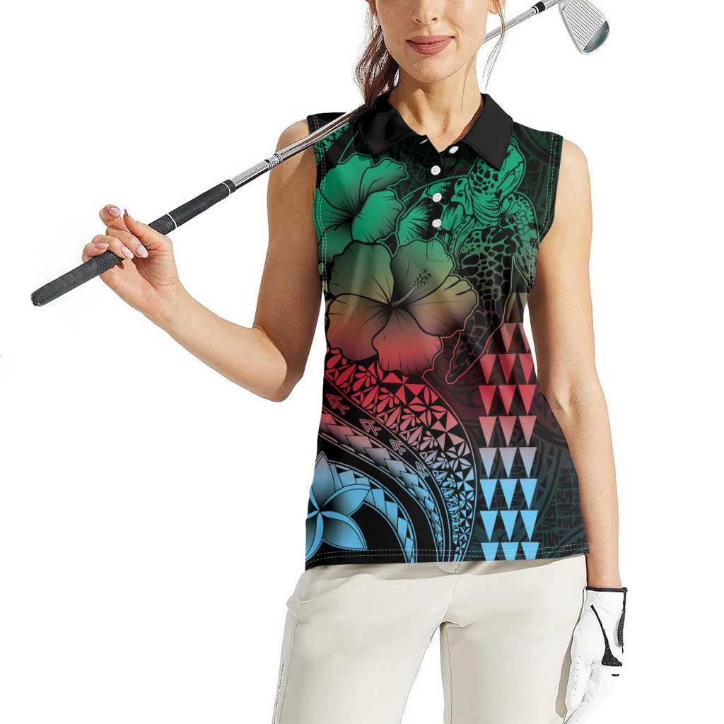 Hawaiian Sea Turtle Women Sleeveless Polo Shirt Green Hibiscus Flowers and Kakau Pattern