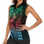 Hawaiian Sea Turtle Women Sleeveless Polo Shirt Green Hibiscus Flowers and Kakau Pattern