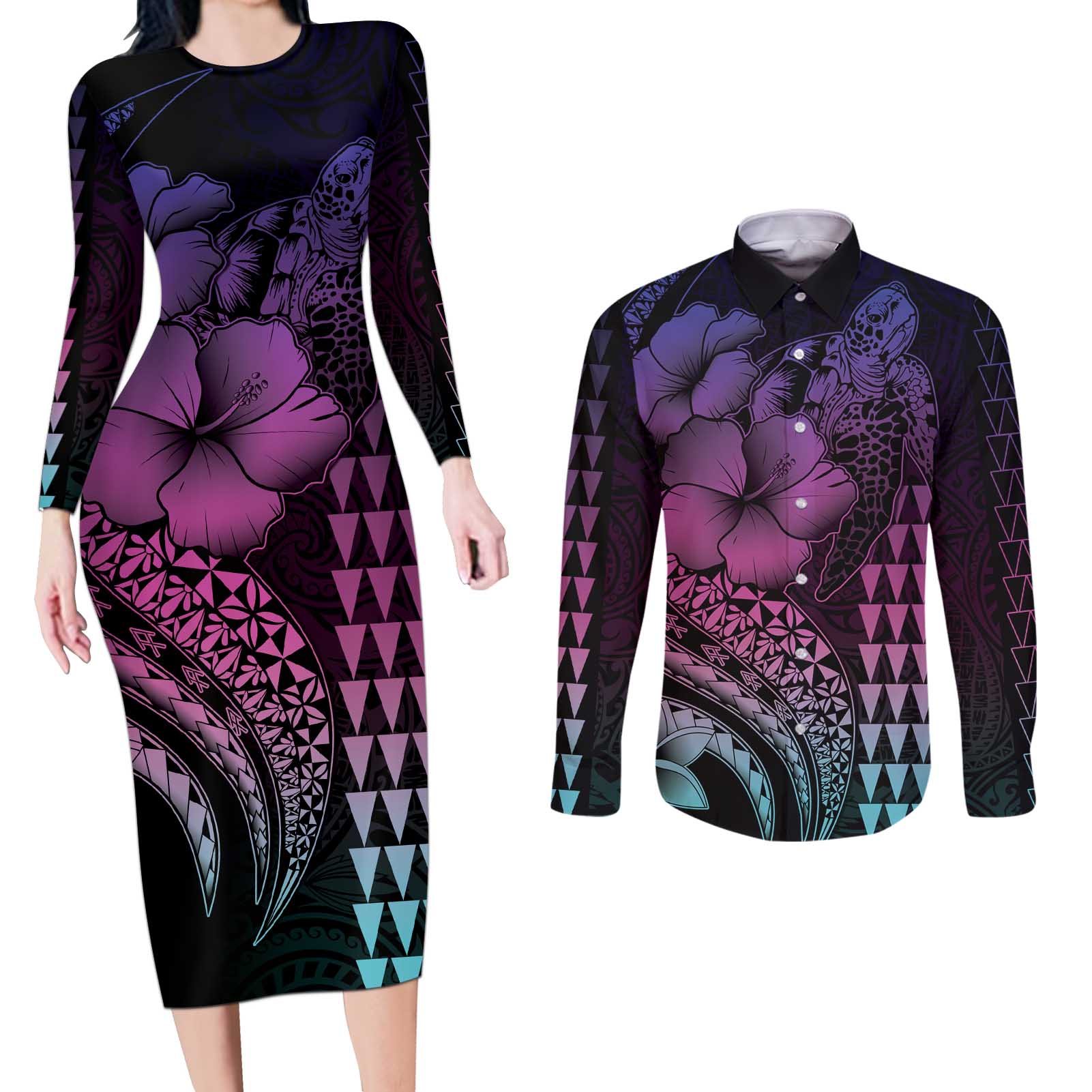 Hawaiian Sea Turtle Couples Matching Long Sleeve Bodycon Dress and Long Sleeve Button Shirt Pink Hibiscus Flowers and Kakau Pattern