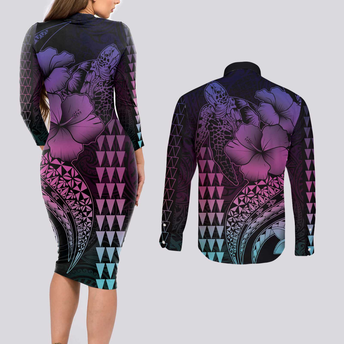 Hawaiian Sea Turtle Couples Matching Long Sleeve Bodycon Dress and Long Sleeve Button Shirt Pink Hibiscus Flowers and Kakau Pattern