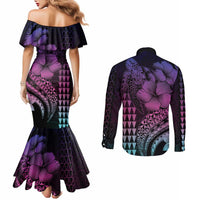 Hawaiian Sea Turtle Couples Matching Mermaid Dress and Long Sleeve Button Shirt Pink Hibiscus Flowers and Kakau Pattern