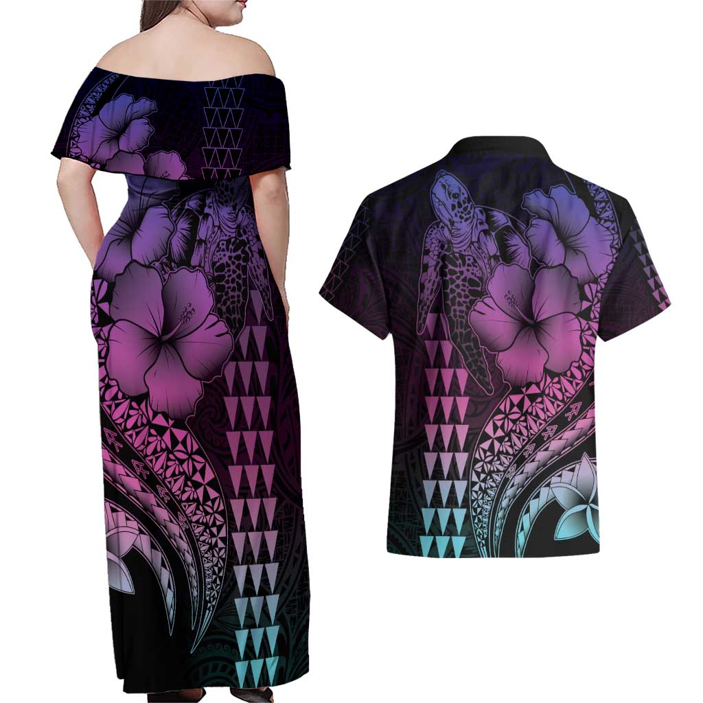 Hawaiian Sea Turtle Couples Matching Off Shoulder Maxi Dress and Hawaiian Shirt Pink Hibiscus Flowers and Kakau Pattern