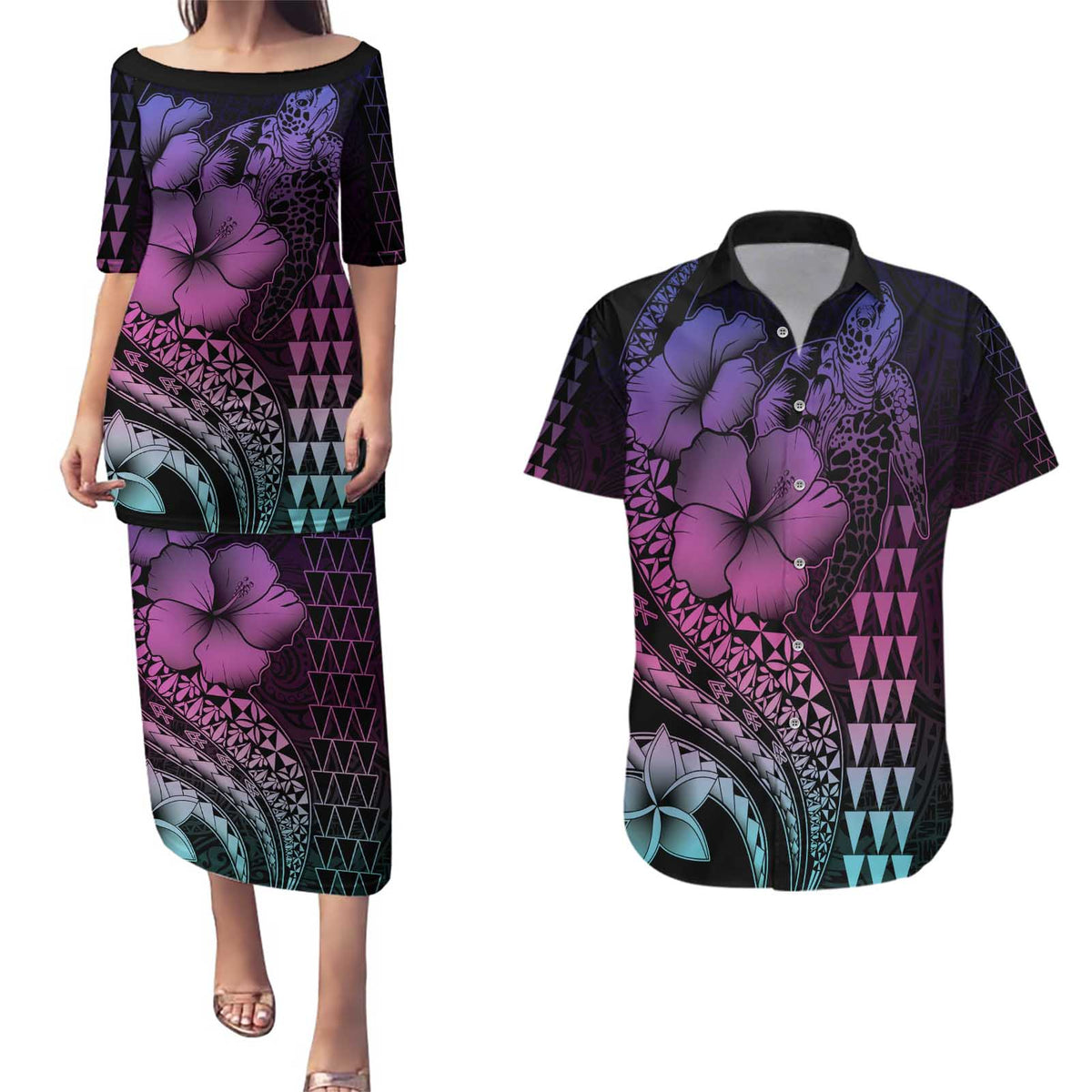 Hawaiian Sea Turtle Couples Matching Puletasi and Hawaiian Shirt Pink Hibiscus Flowers and Kakau Pattern