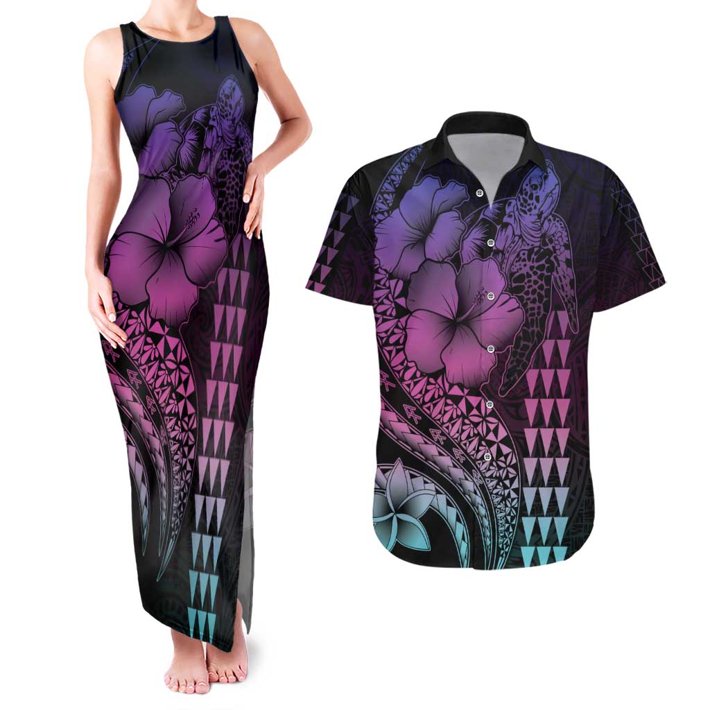 Hawaiian Sea Turtle Couples Matching Tank Maxi Dress and Hawaiian Shirt Pink Hibiscus Flowers and Kakau Pattern