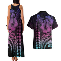 Hawaiian Sea Turtle Couples Matching Tank Maxi Dress and Hawaiian Shirt Pink Hibiscus Flowers and Kakau Pattern