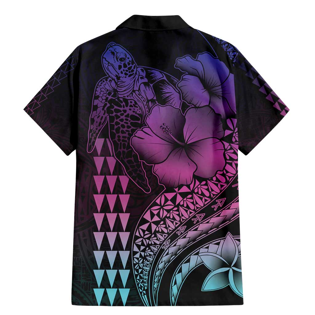 Hawaiian Sea Turtle Family Matching Mermaid Dress and Hawaiian Shirt Pink Hibiscus Flowers and Kakau Pattern