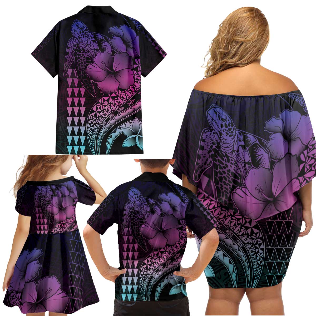 Hawaiian Sea Turtle Family Matching Off Shoulder Short Dress and Hawaiian Shirt Pink Hibiscus Flowers and Kakau Pattern