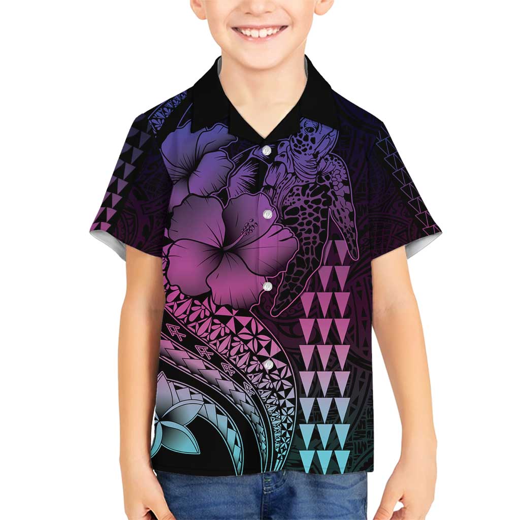 Hawaiian Sea Turtle Family Matching Summer Maxi Dress and Hawaiian Shirt Pink Hibiscus Flowers and Kakau Pattern