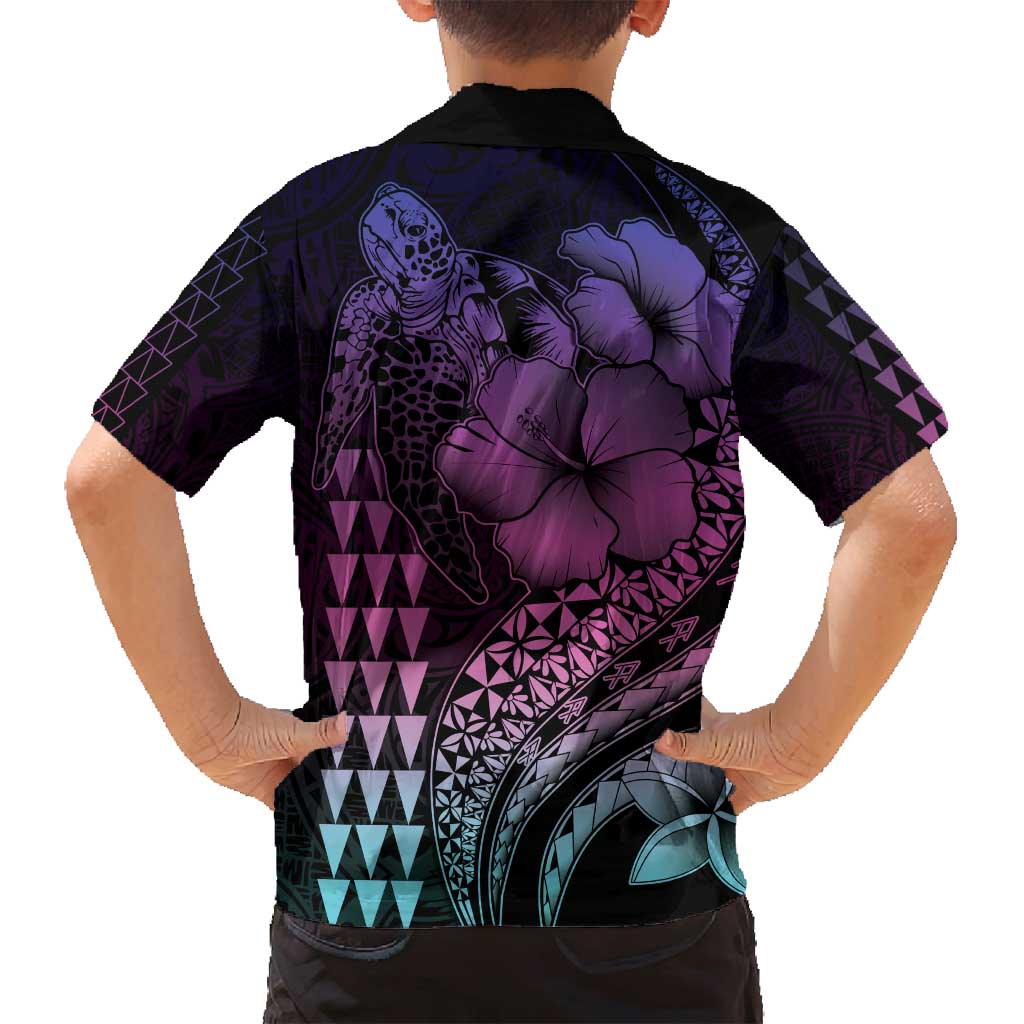 Hawaiian Sea Turtle Family Matching Tank Maxi Dress and Hawaiian Shirt Pink Hibiscus Flowers and Kakau Pattern