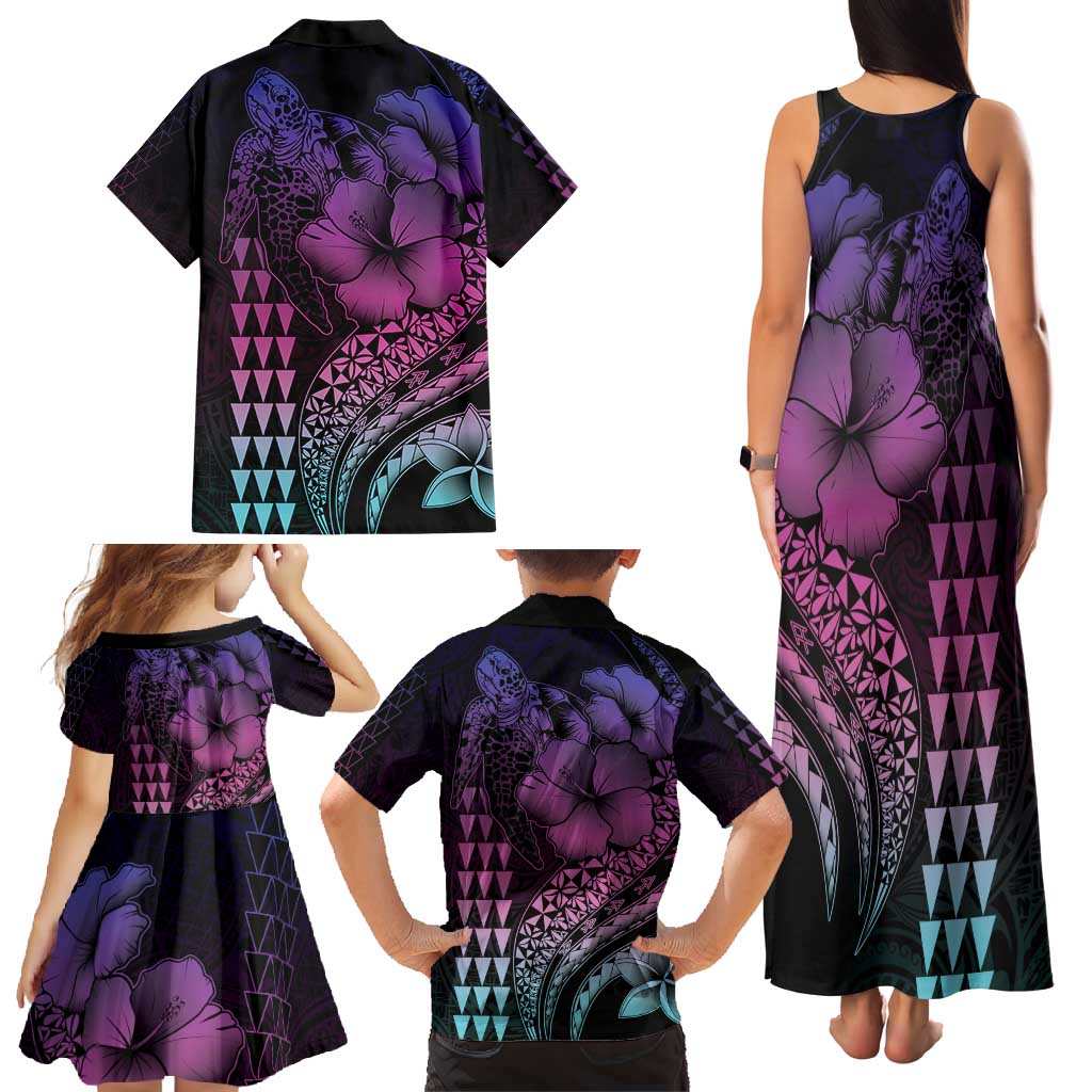 Hawaiian Sea Turtle Family Matching Tank Maxi Dress and Hawaiian Shirt Pink Hibiscus Flowers and Kakau Pattern