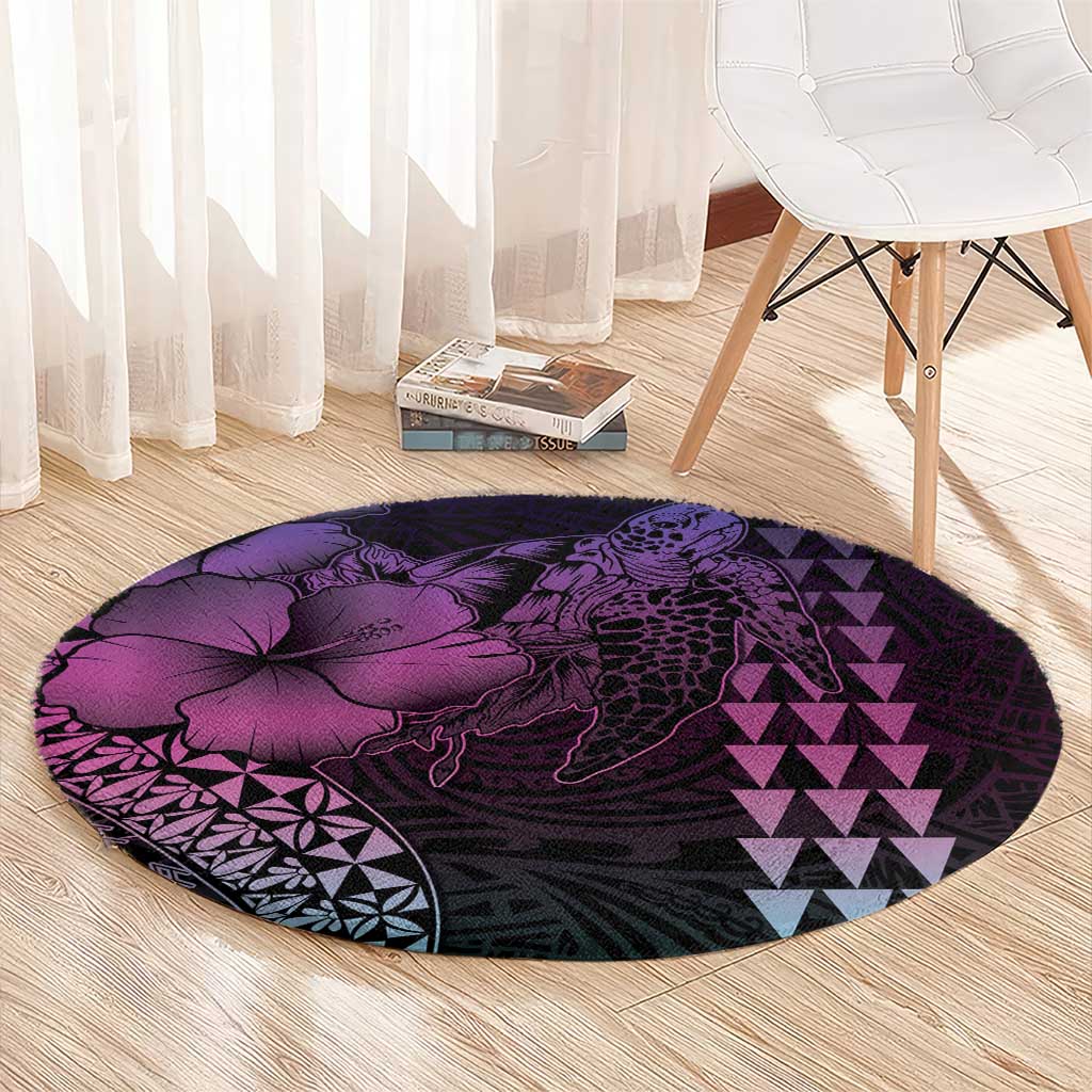 Hawaiian Sea Turtle Round Carpet Pink Hibiscus Flowers and Kakau Pattern