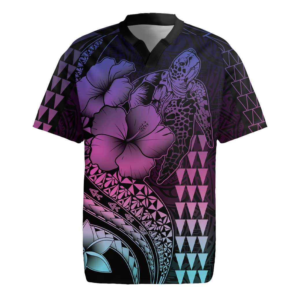 Hawaiian Sea Turtle Rugby Jersey Pink Hibiscus Flowers and Kakau Pattern
