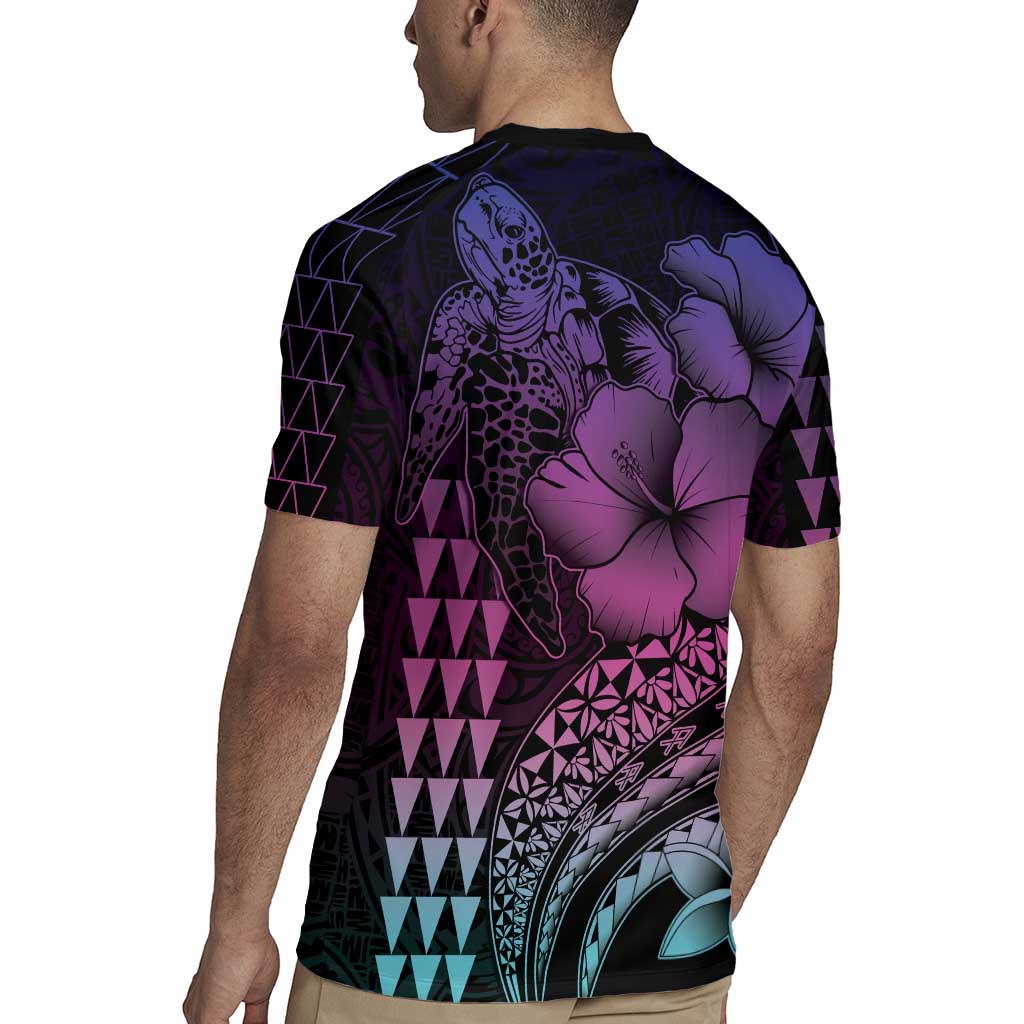 Hawaiian Sea Turtle Rugby Jersey Pink Hibiscus Flowers and Kakau Pattern
