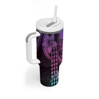 Hawaiian Sea Turtle Tumbler With Handle Pink Hibiscus Flowers and Kakau Pattern