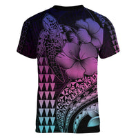 Hawaiian Sea Turtle Women V-Neck T-Shirt Pink Hibiscus Flowers and Kakau Pattern