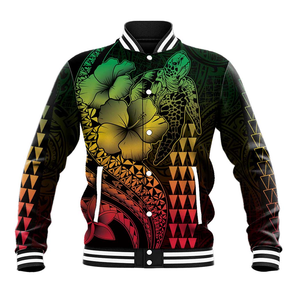 Hawaiian Sea Turtle Baseball Jacket Reggae Hibiscus Flowers and Kakau Pattern
