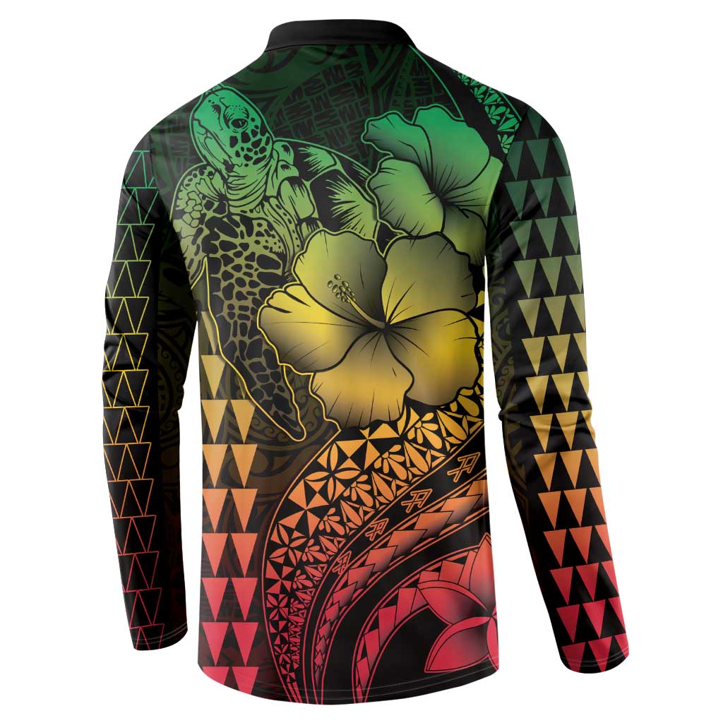 Hawaiian Sea Turtle Button Sweatshirt Reggae Hibiscus Flowers and Kakau Pattern