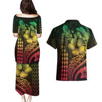 Hawaiian Sea Turtle Couples Matching Puletasi and Hawaiian Shirt Reggae Hibiscus Flowers and Kakau Pattern