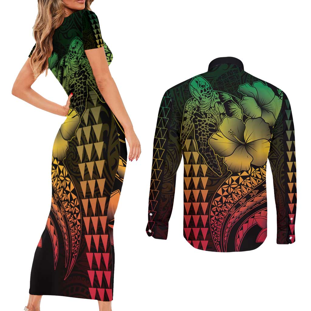 Hawaiian Sea Turtle Couples Matching Short Sleeve Bodycon Dress and Long Sleeve Button Shirt Reggae Hibiscus Flowers and Kakau Pattern